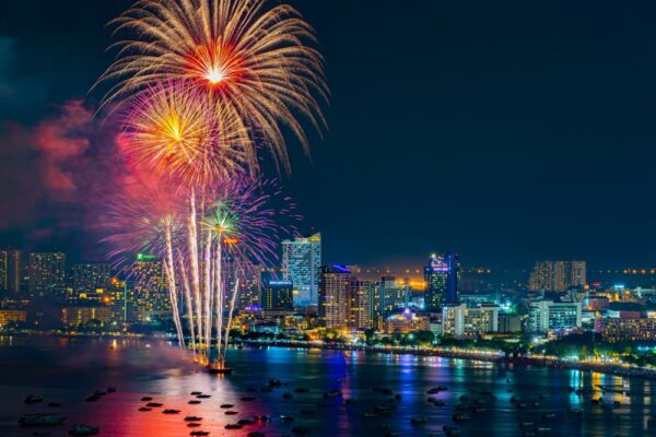 Fireworks in Pattaya Bay thrill spectators.